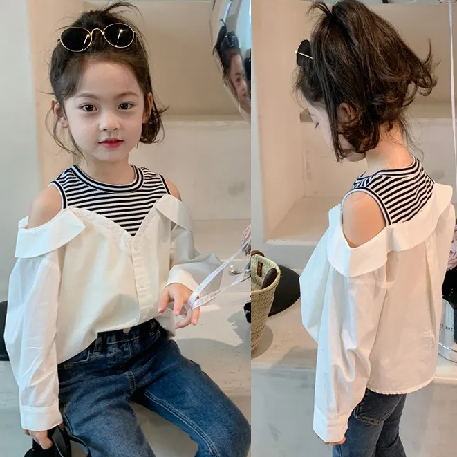 【90-140】可愛いデザイン 切り替え オープンショルダー 子供 服 女の子 トップス シャツ ブラウス