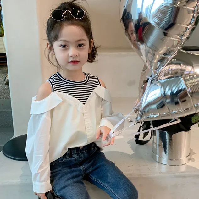 【90-140】可愛いデザイン 切り替え オープンショルダー 子供 服 女の子 トップス シャツ ブラウス