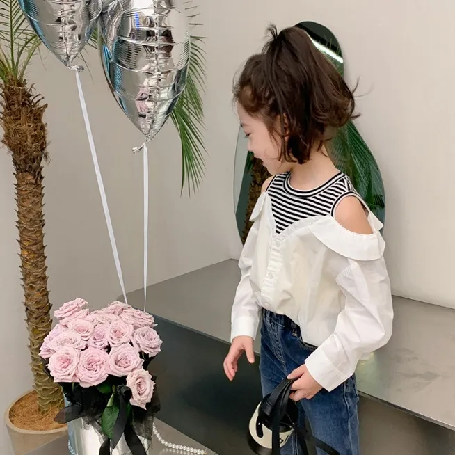 【90-140】可愛いデザイン 切り替え オープンショルダー 子供 服 女の子 トップス シャツ ブラウス