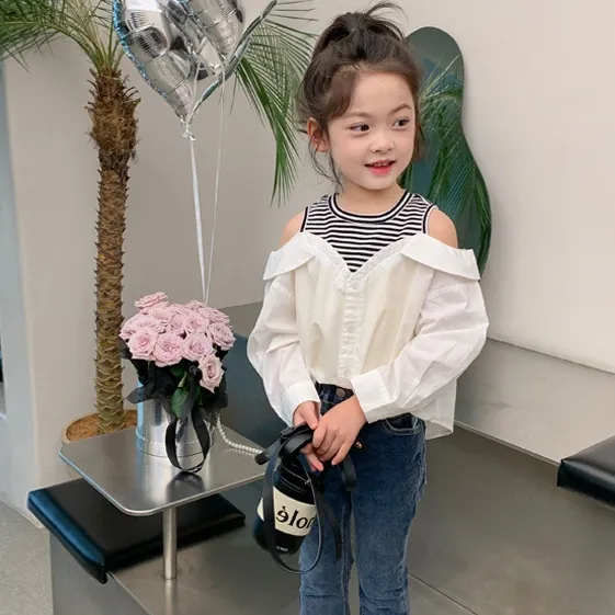 【90-140】可愛いデザイン 切り替え オープンショルダー 子供 服 女の子 トップス シャツ ブラウス