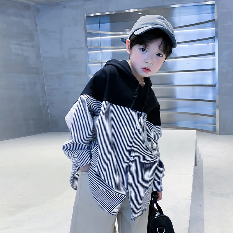 【100-160cm】おしゃれ度アップ 韓流 ファッション 特別なデザイン ボーダー 切り替え キッズ 男の子 トップス