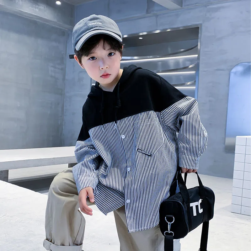 【100-160cm】おしゃれ度アップ 韓流 ファッション 特別なデザイン ボーダー 切り替え キッズ 男の子 トップス