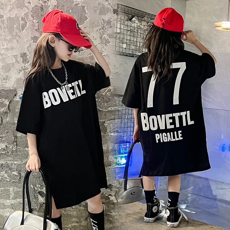 【110-170】人気新作 数字柄 アルファベット ゆったり 中長 夏 子供服 小学生 キッズ 女の子 Tシャツ