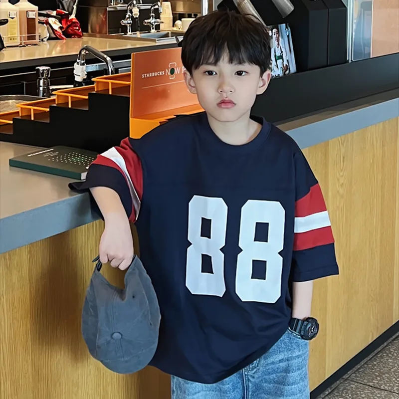 【120-170cm】2色選べる 買わなきゃ損 スポーツ レトロ 配色 切り替え キッズ 男の子 半袖 トップス