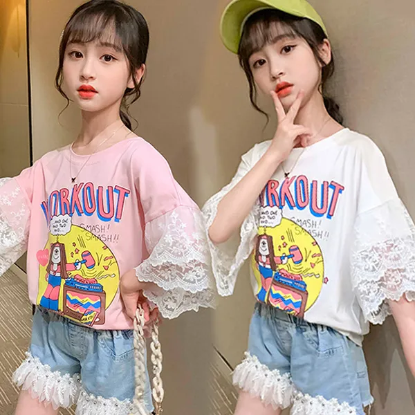 【120-160】韓国 可愛い プリント カートゥーン フリル レース 夏 子供服 女の子 キッズ ジュニア トップス 半袖 Ｔシャツ