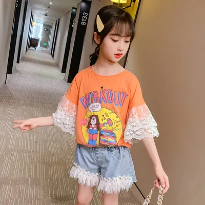 【120-160】韓国 可愛い プリント カートゥーン フリル レース 夏 子供服 女の子 キッズ ジュニア トップス 半袖 Ｔシャツ