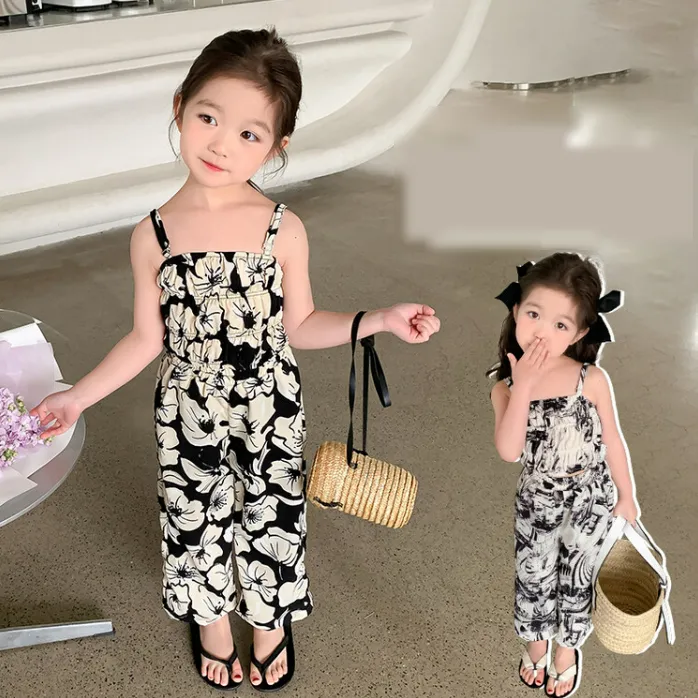 【90-140】軽い着ごこち 韓国系 ファッション 絞り染め/花柄 キャミソール トップス+ロング パンツ 夏 子供服 女の子 2点セット
