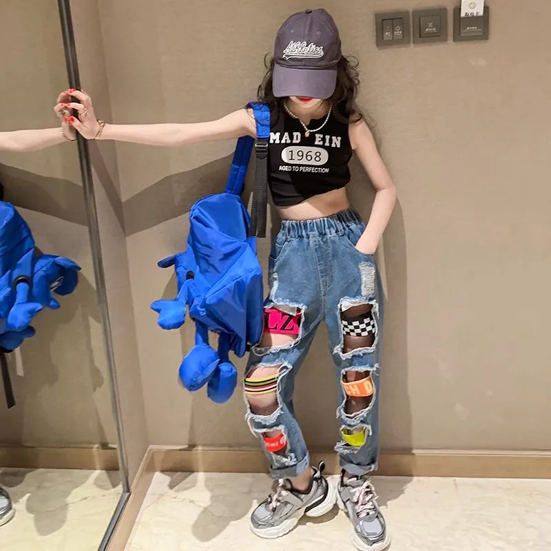 【110-170】2色 ダンス プリント タンクトップ＋ダメージ加工 デニムパンツ 夏 子供服 キッズ ジュニア 女の子 セットアップ