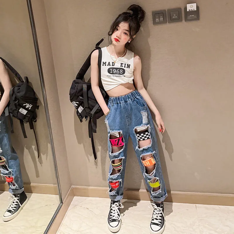 【110-170】2色 ダンス プリント タンクトップ＋ダメージ加工 デニムパンツ 夏 子供服 キッズ ジュニア 女の子 セットアップ