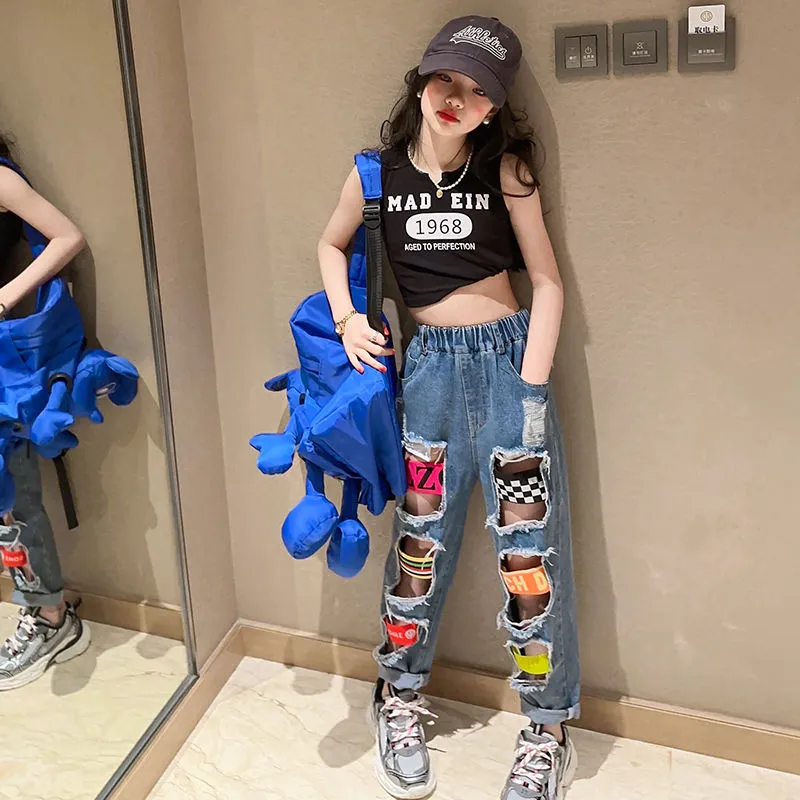 【110-170】2色 ダンス プリント タンクトップ＋ダメージ加工 デニムパンツ 夏 子供服 キッズ ジュニア 女の子 セットアップ