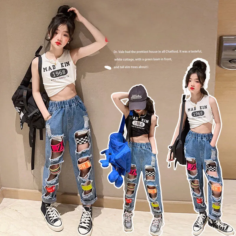 【110-170】2色 ダンス プリント タンクトップ＋ダメージ加工 デニムパンツ 夏 子供服 キッズ ジュニア 女の子 セットアップ