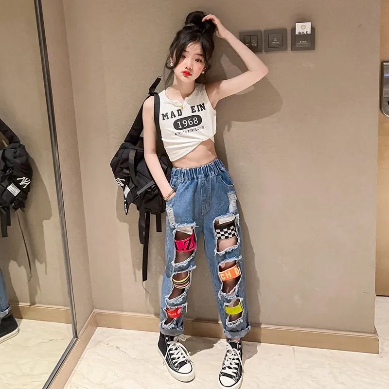 【110-170】2色 ダンス プリント タンクトップ＋ダメージ加工 デニムパンツ 夏 子供服 キッズ ジュニア 女の子 セットアップ