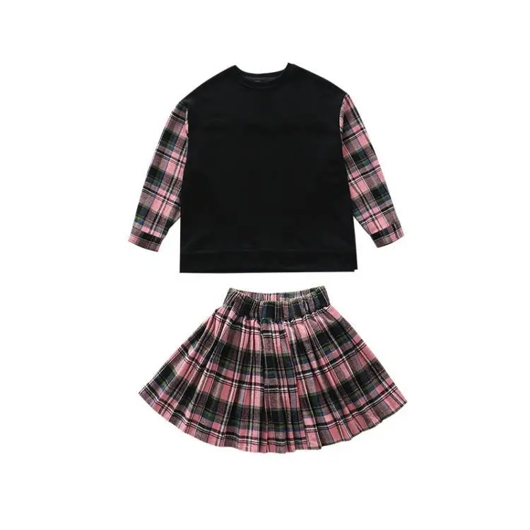 【110-160】好感度アップ 帽子付き チェック柄 切り替え パーカー＋プリーツスカート 秋 子供服 女の子 セットアップ