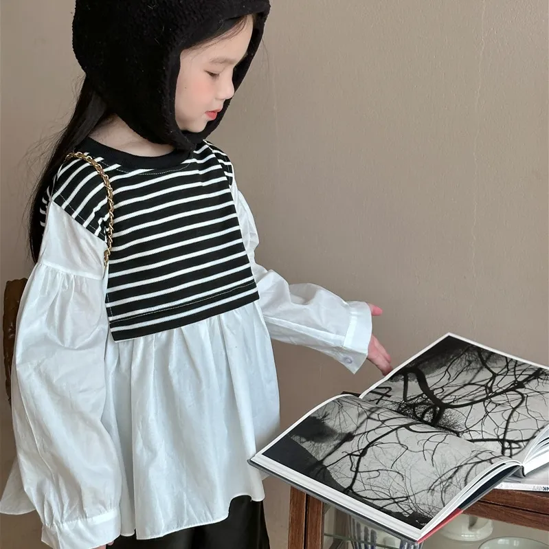 【90-140cm】姉弟の服 秋 子供 服 ストライプス テッチ偽 ツーピース シャツ 男女兼用 トップス