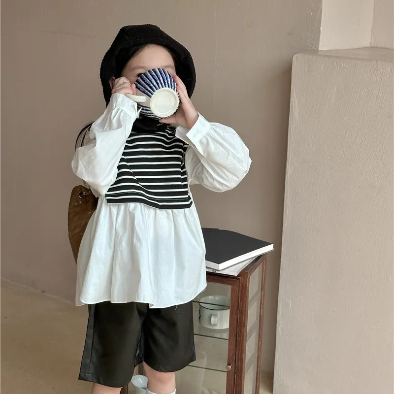 【90-140cm】姉弟の服 秋 子供 服 ストライプス テッチ偽 ツーピース シャツ 男女兼用 トップス