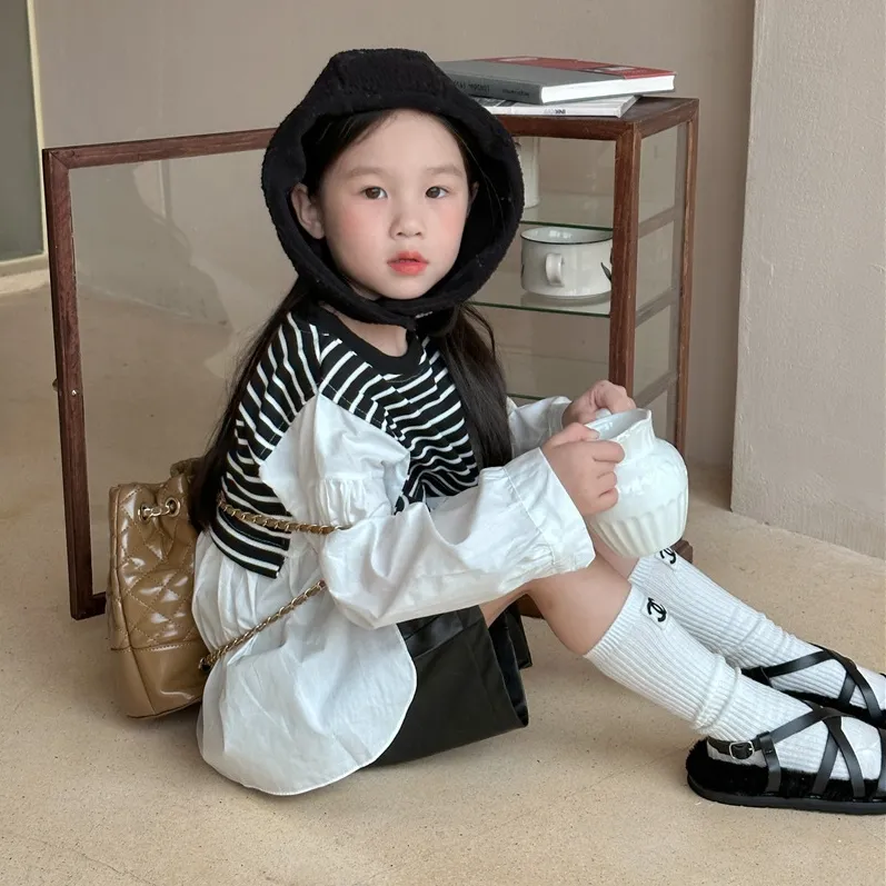 【90-140cm】姉弟の服 秋 子供 服 ストライプス テッチ偽 ツーピース シャツ 男女兼用 トップス