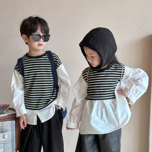 【90-140cm】姉弟の服 秋 子供 服 ストライプス テッチ偽 ツーピース シャツ 男女兼用 トップス