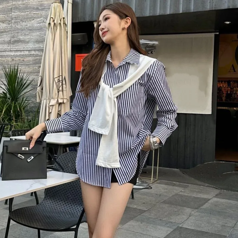 『S-L』ゆったり シルエット プリント デザイン ショール付き 通勤 ストライプ シャツ