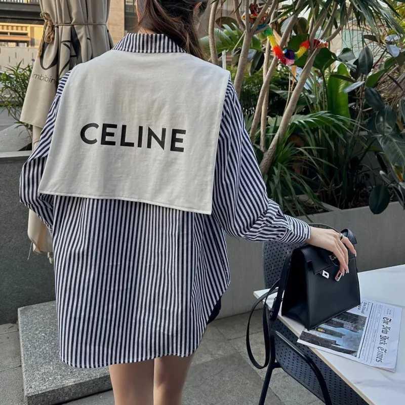 『S-L』ゆったり シルエット プリント デザイン ショール付き 通勤 ストライプ シャツ
