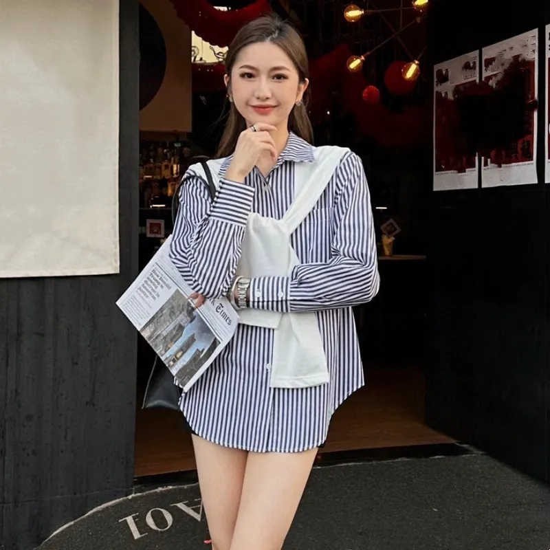 『S-L』ゆったり シルエット プリント デザイン ショール付き 通勤 ストライプ シャツ