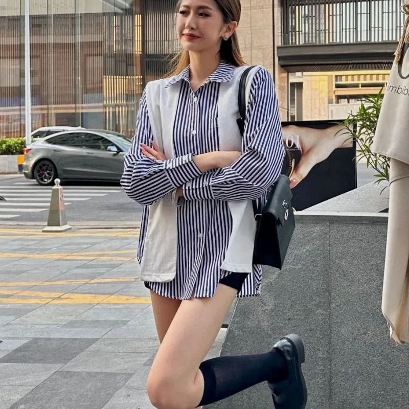 『S-L』ゆったり シルエット プリント デザイン ショール付き 通勤 ストライプ シャツ