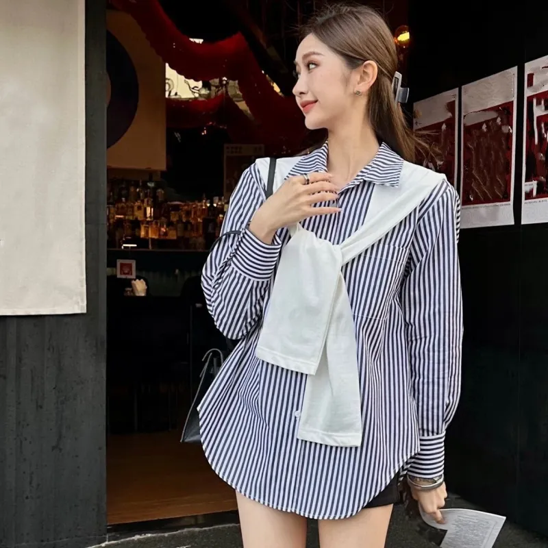『S-L』ゆったり シルエット プリント デザイン ショール付き 通勤 ストライプ シャツ
