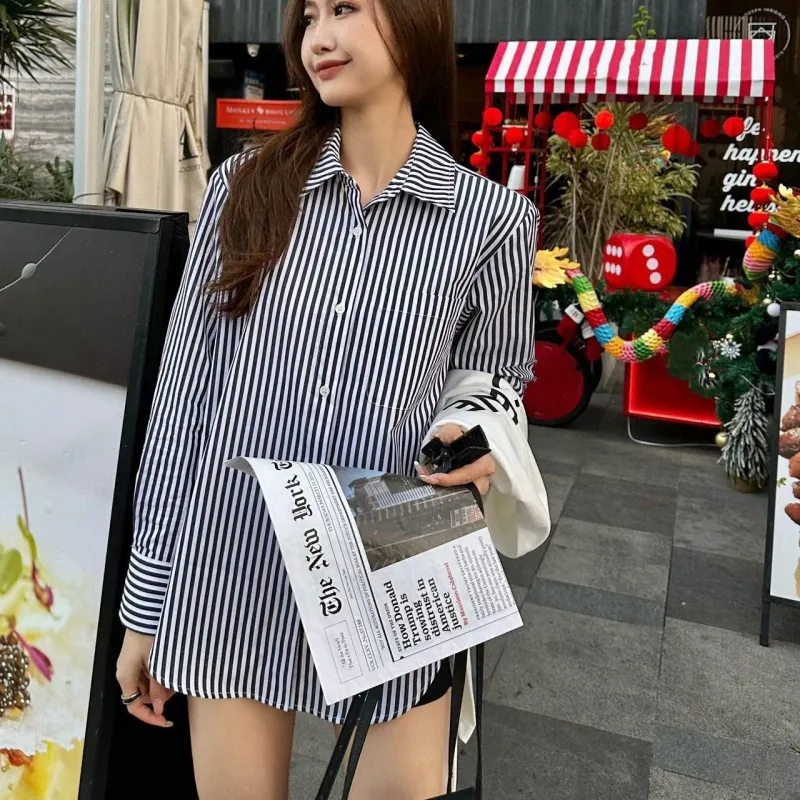 『S-L』ゆったり シルエット プリント デザイン ショール付き 通勤 ストライプ シャツ