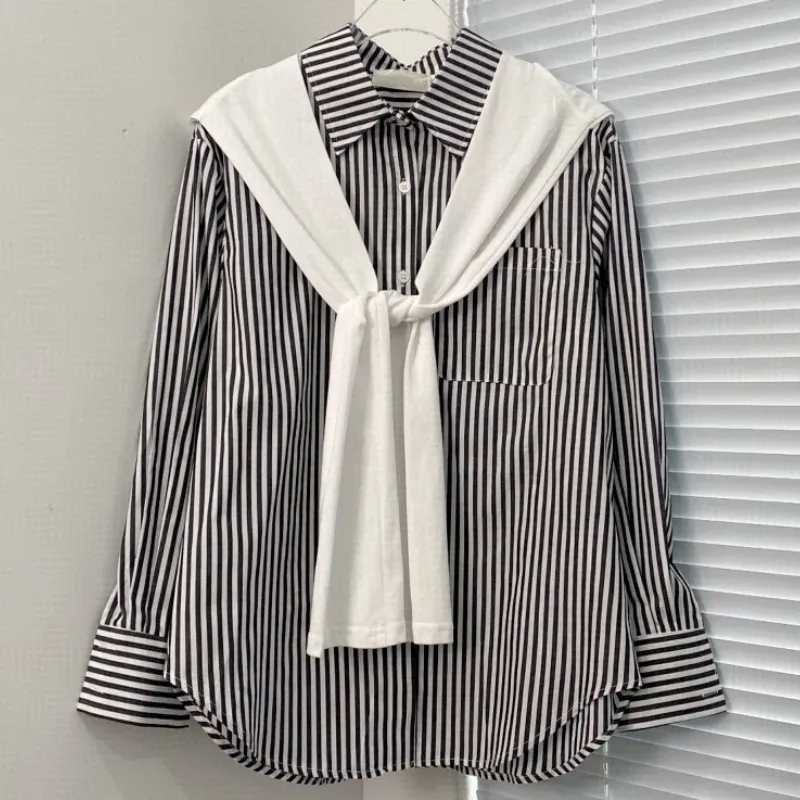 『S-L』ゆったり シルエット プリント デザイン ショール付き 通勤 ストライプ シャツ