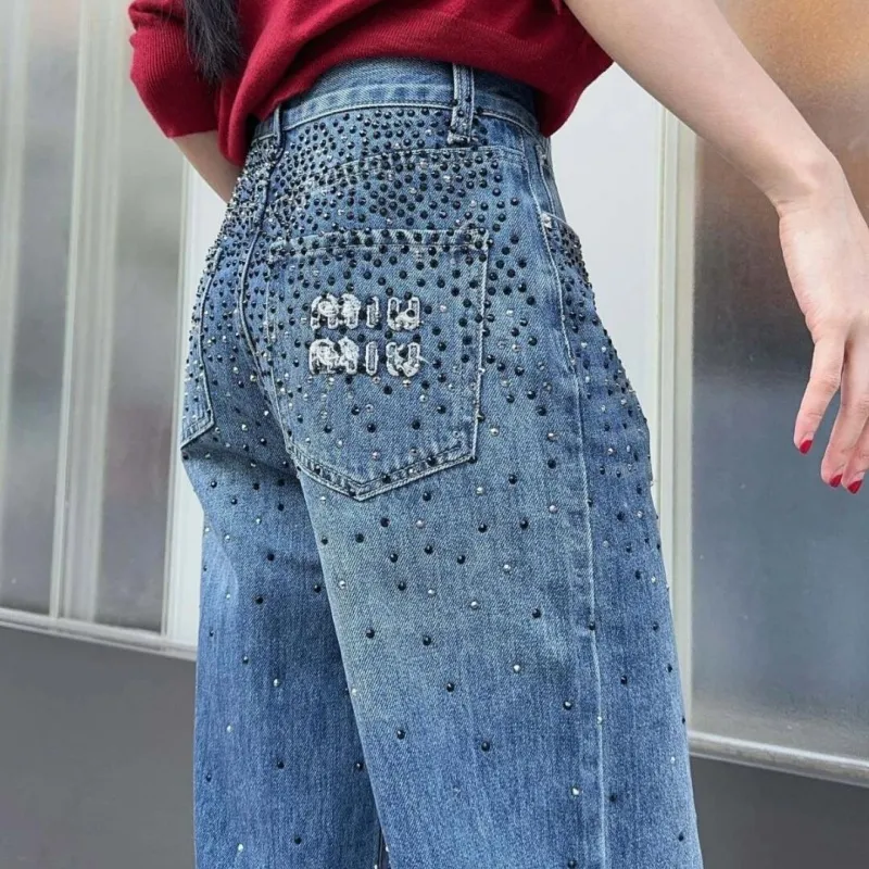 『S-XL』スタイリッシュコンフォート合わせやすい 刺繍ストレートデニムパンツ