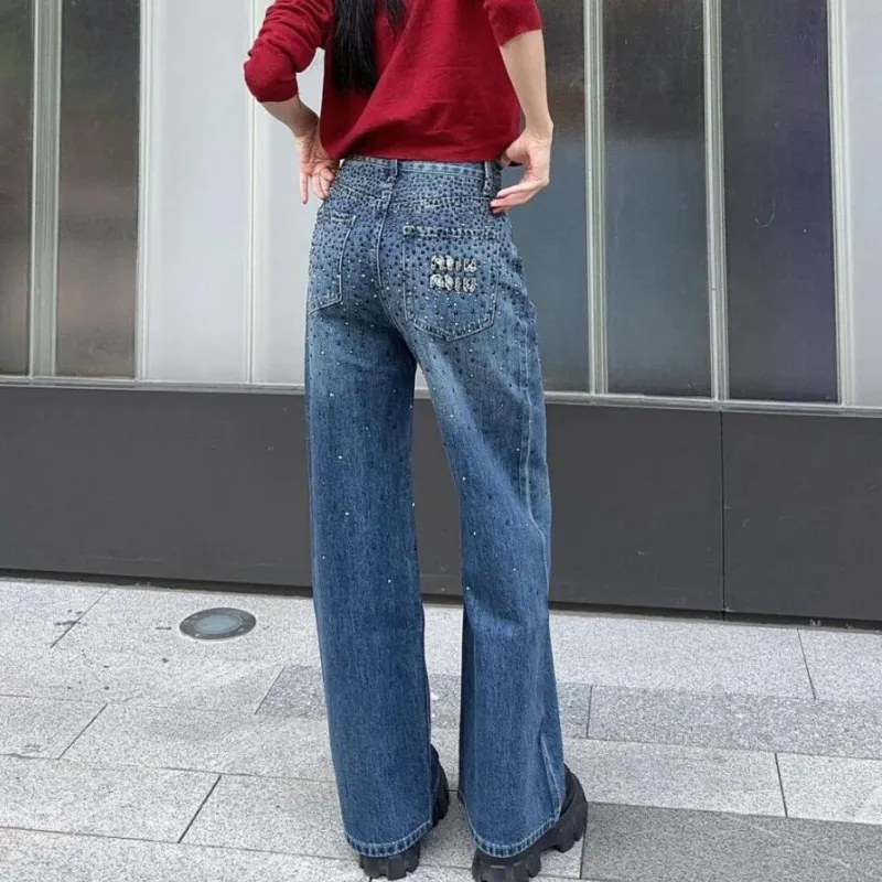 『S-XL』スタイリッシュコンフォート合わせやすい 刺繍ストレートデニムパンツ