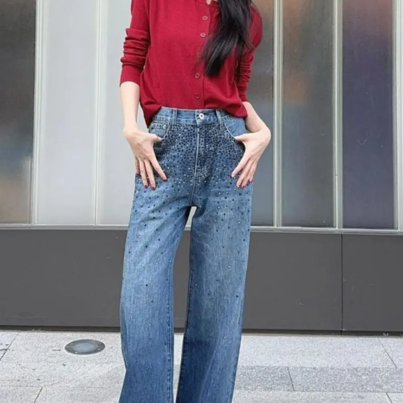 『S-XL』スタイリッシュコンフォート合わせやすい 刺繍ストレートデニムパンツ