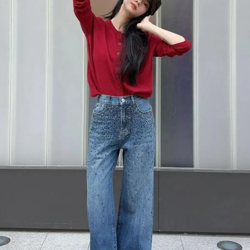 『S-XL』スタイリッシュコンフォート合わせやすい 刺繍ストレートデニムパンツ
