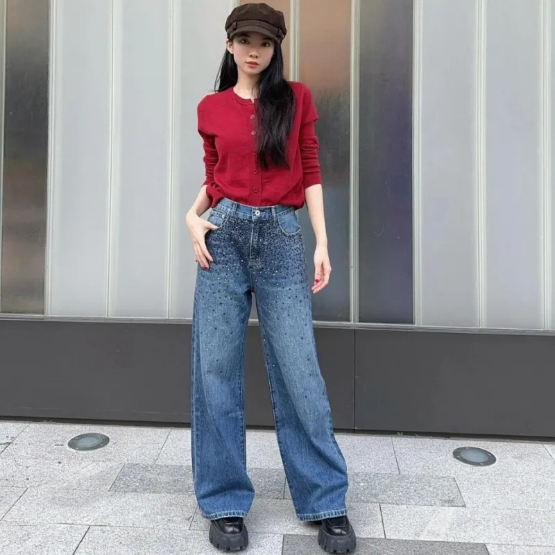 『S-XL』スタイリッシュコンフォート合わせやすい 刺繍ストレートデニムパンツ