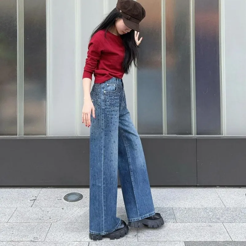 『S-XL』スタイリッシュコンフォート合わせやすい 刺繍ストレートデニムパンツ