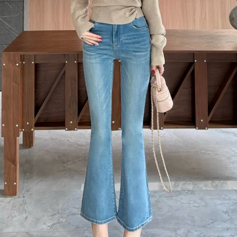 『S-L』目立つ 合わせやすい ストレッチ コンフォート 淡色プリントフレアデニムパンツ