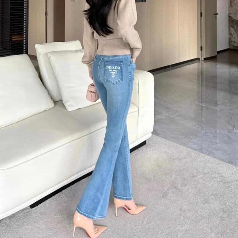 『S-L』目立つ 合わせやすい ストレッチ コンフォート 淡色プリントフレアデニムパンツ