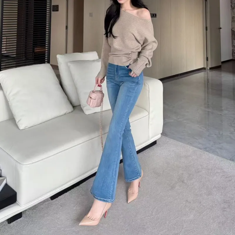 『S-L』目立つ 合わせやすい ストレッチ コンフォート 淡色プリントフレアデニムパンツ