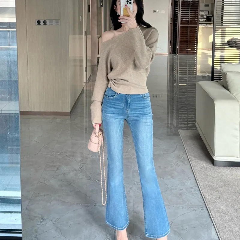 『S-L』目立つ 合わせやすい ストレッチ コンフォート 淡色プリントフレアデニムパンツ