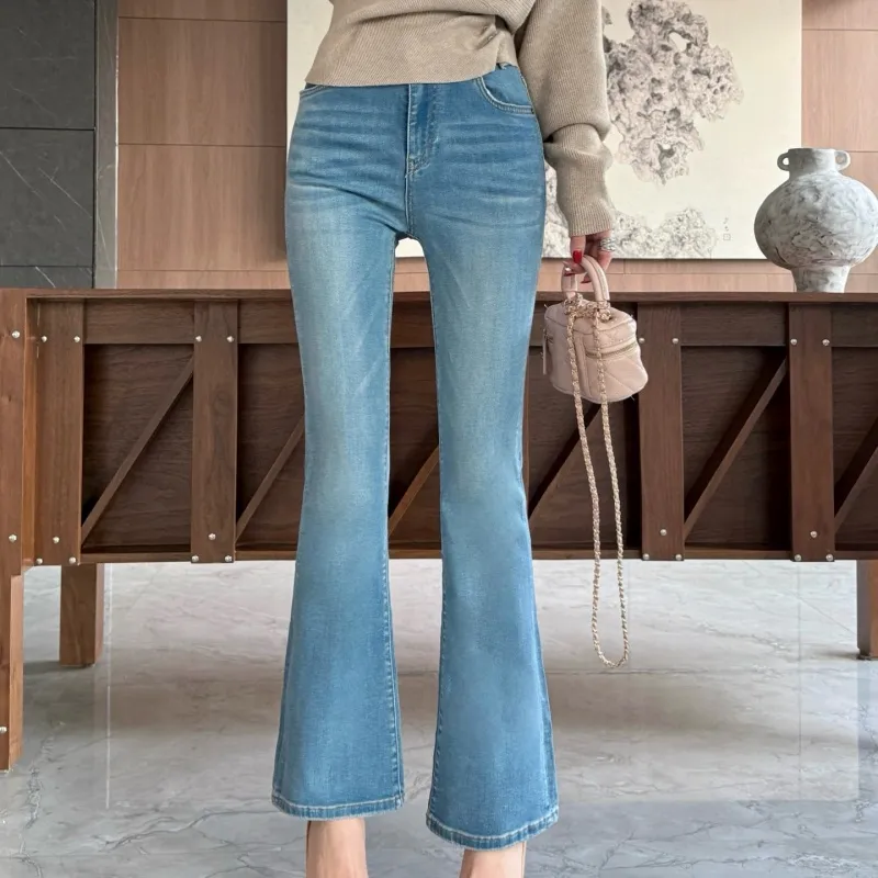 『S-L』目立つ 合わせやすい ストレッチ コンフォート 淡色プリントフレアデニムパンツ
