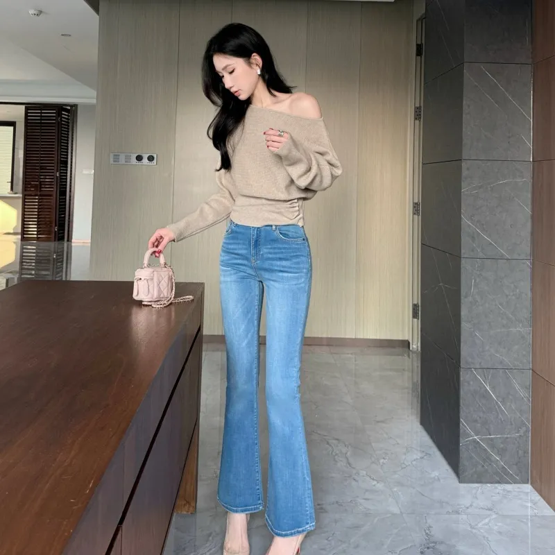 『S-L』目立つ 合わせやすい ストレッチ コンフォート 淡色プリントフレアデニムパンツ