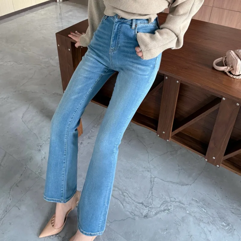 『S-L』目立つ 合わせやすい ストレッチ コンフォート 淡色プリントフレアデニムパンツ
