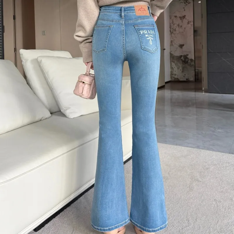 『S-L』目立つ 合わせやすい ストレッチ コンフォート 淡色プリントフレアデニムパンツ