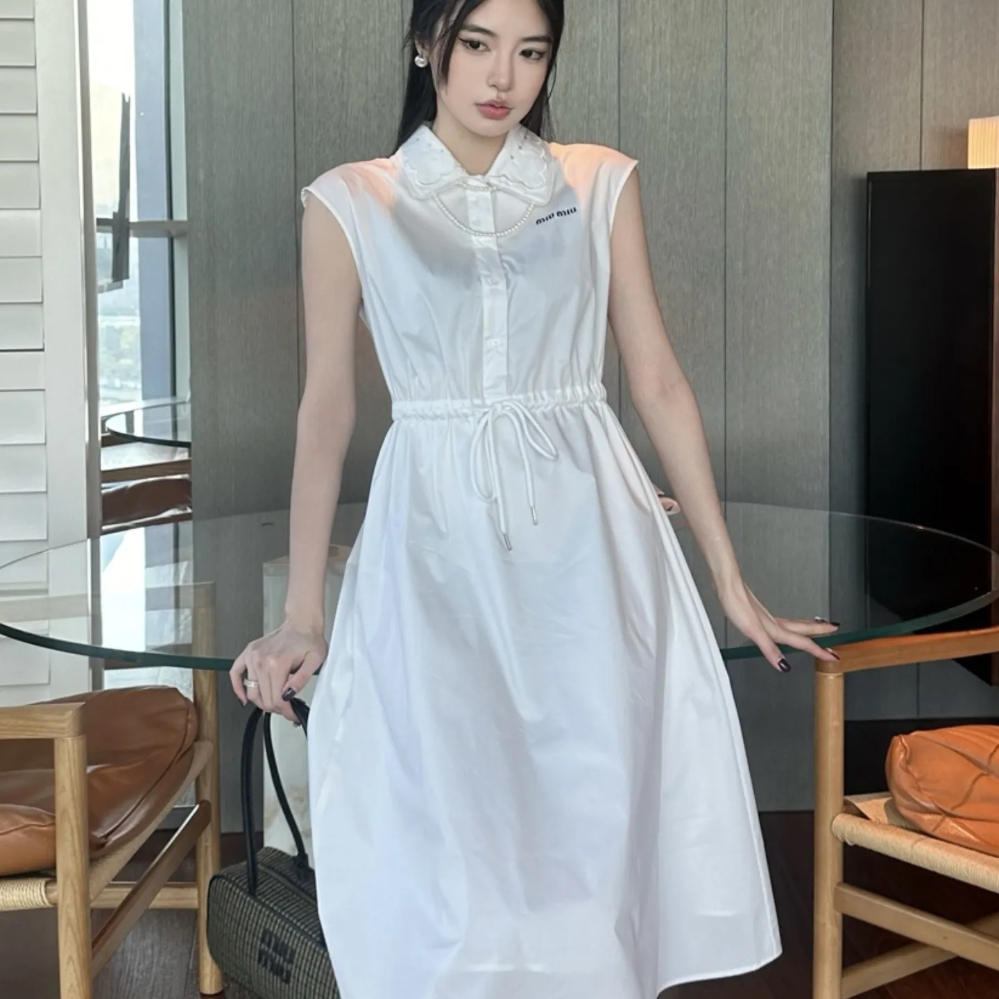 『S-L』新作 柔らかい 通気性が良い 肌に優しい フリル襟 ノースリーブワンピース