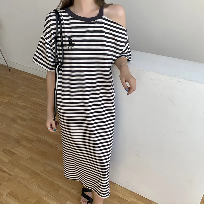 『M-2XL』快適 フレッシュ オフショルダー ストライプ ワンピース