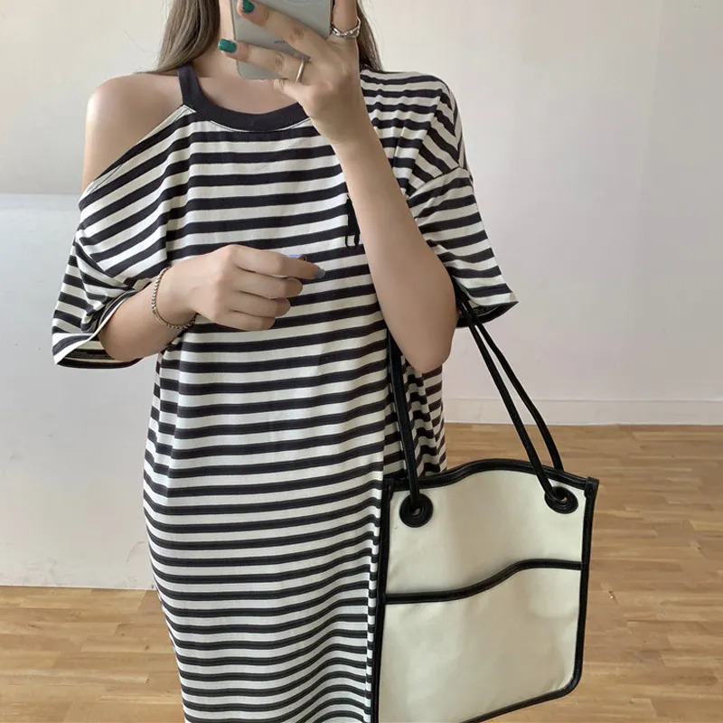 『M-2XL』快適 フレッシュ オフショルダー ストライプ ワンピース