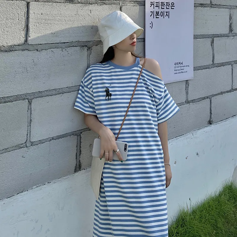 『M-2XL』快適 フレッシュ オフショルダー ストライプ ワンピース