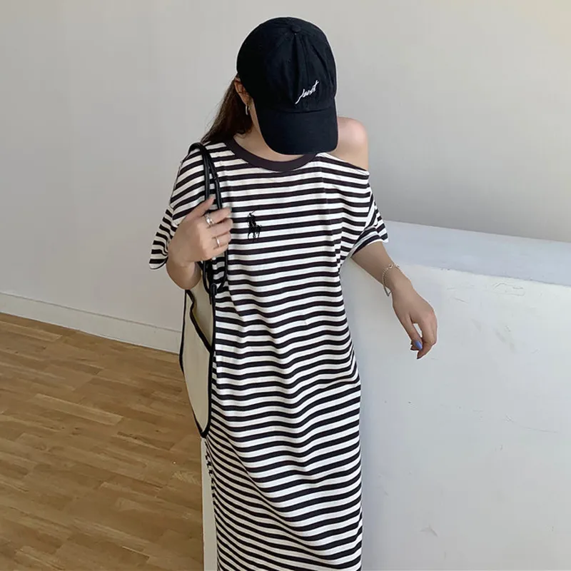 『M-2XL』快適 フレッシュ オフショルダー ストライプ ワンピース