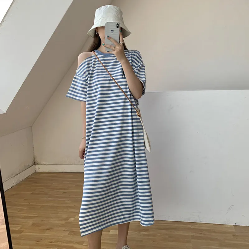 『M-2XL』快適 フレッシュ オフショルダー ストライプ ワンピース