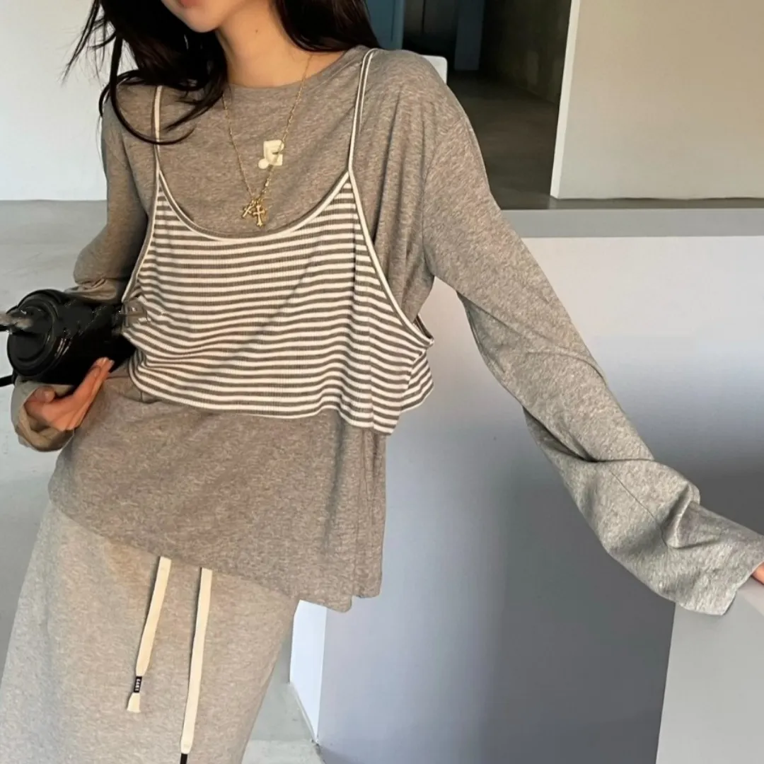 『S-L』気質いい リラックス感 タンクトップ 長袖Tシャツ フェイクレイヤード
