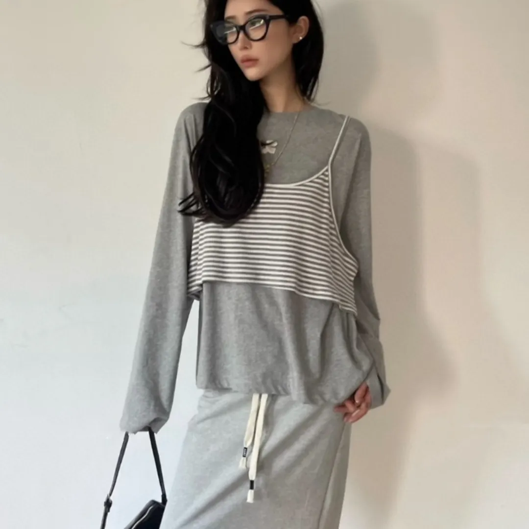 『S-L』気質いい リラックス感 タンクトップ 長袖Tシャツ フェイクレイヤード